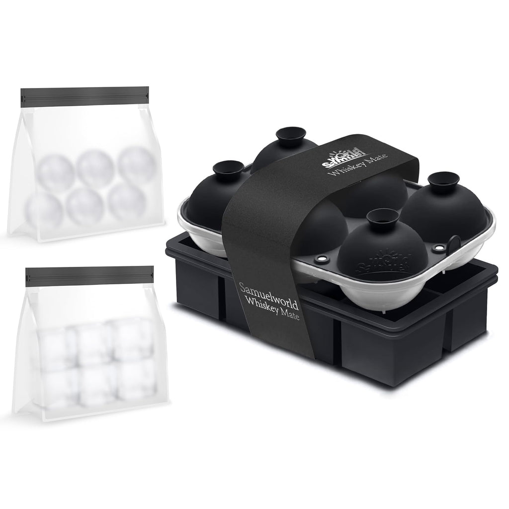 Samuelworld Premium Ice Tray Combo (16 Ice Cube/6 Ice Ball), New Upgraded Large Ice Sphere Maker Ice Cube Trays, Spill-Free Integrated Funnels, Whiskey Bourbon Cocktails Ice mold, Black(With Ice Bags)