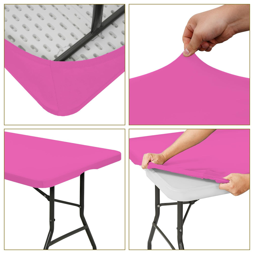 10 Pack Fitted Tablecloth for 8 Foot Rectangle Tables, Hot Pink Elastic Outdoor Picnic Table Cover, Washable Stretch Folding Table Cloths 8 ft for Camping Party Patio Kitchen Banquet, 30" W x 96" L