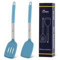 HOTEC Silicone Spatula Set of 2 Heat-Resistant 600°F & BPA-Free Kitchen SaptulaTurner with Stainless Steel Handles, Slotted & Solid Spatulas for Nonstick Cookware, 13.7 Inch, Khaki