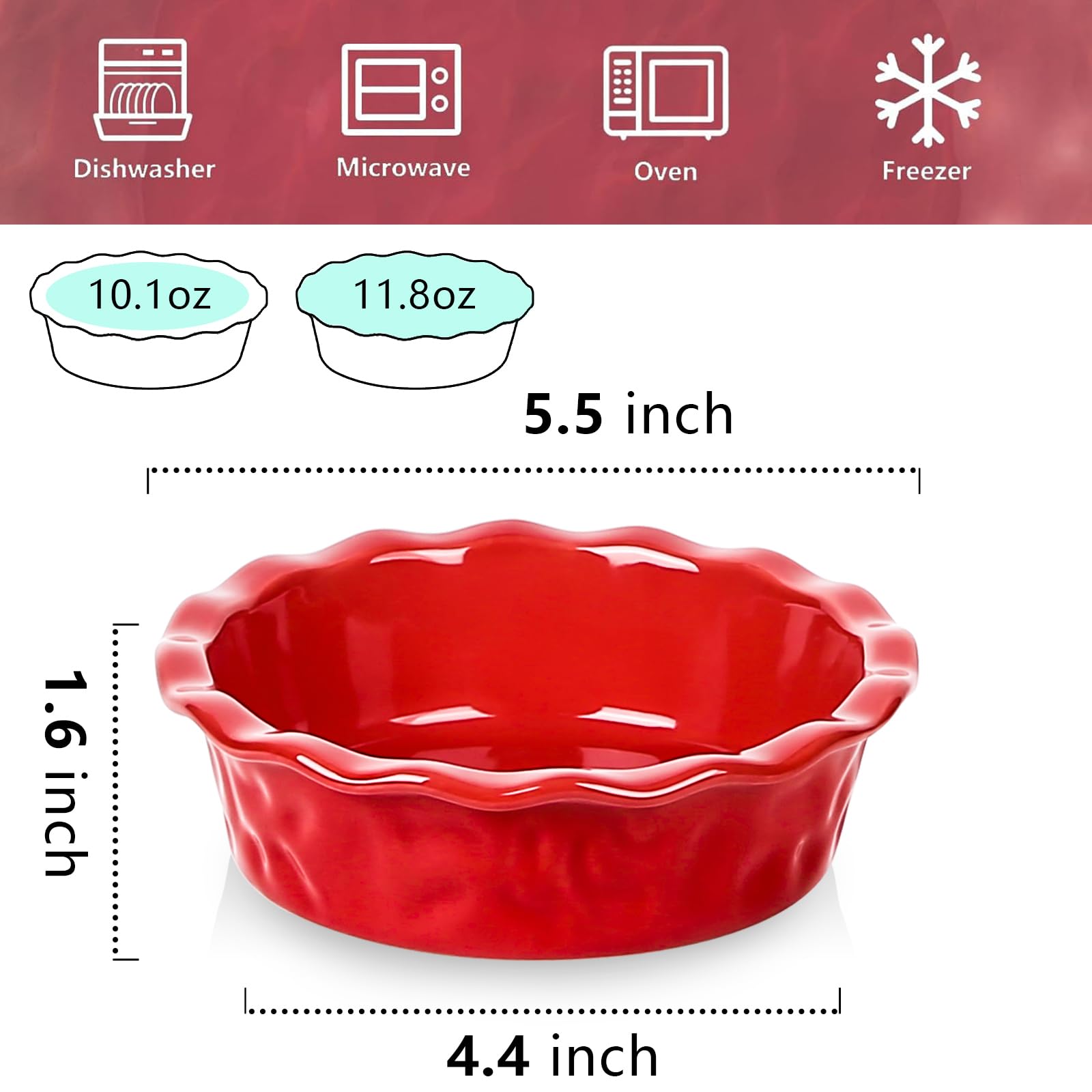 Vicrays Ceramic Pie Pan for Baking - 5.5 inch Small Pie Plates Deep Dish Round Pot Casserole Mini Serving Bowl - Microwave Oven Safe for Dessert Apple Pie Cake Tart Pizza Set of 6 - Red