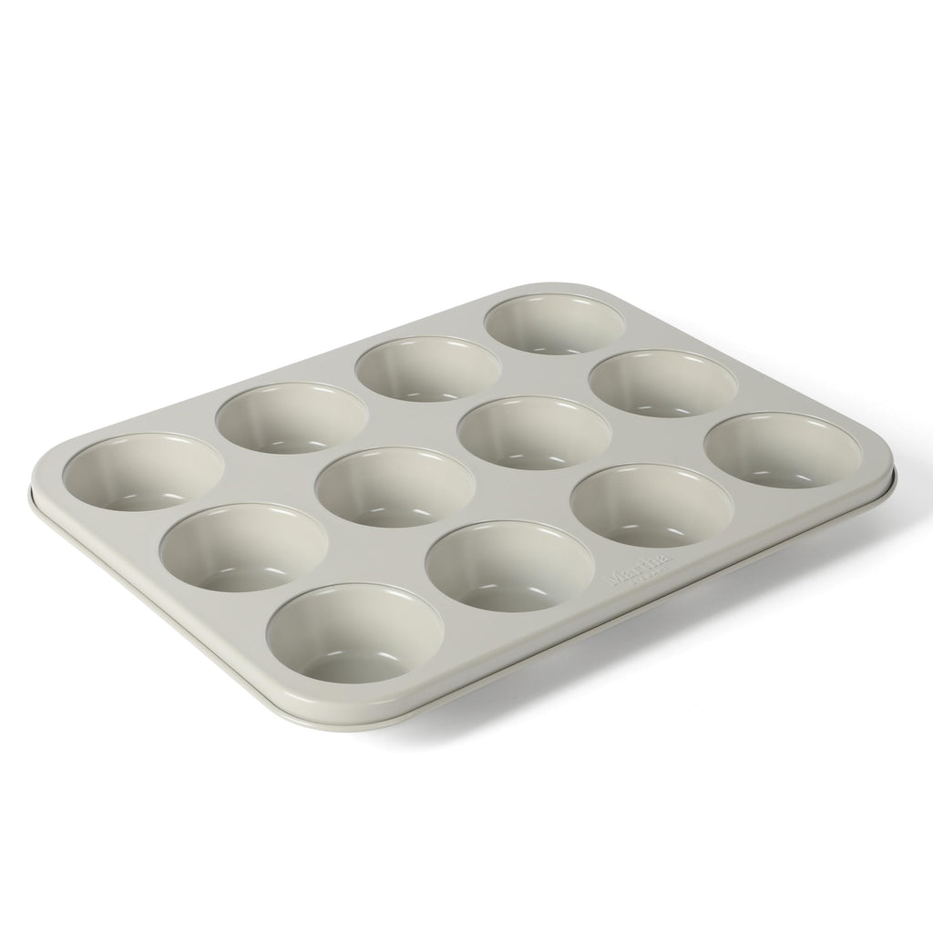 Martha Stewart Gallen 12 Cup Nonstick Carbon Steel Muffin and Cupcake Pan – Cool Grey, Durable Bakeware for Even Baking and Easy Release
