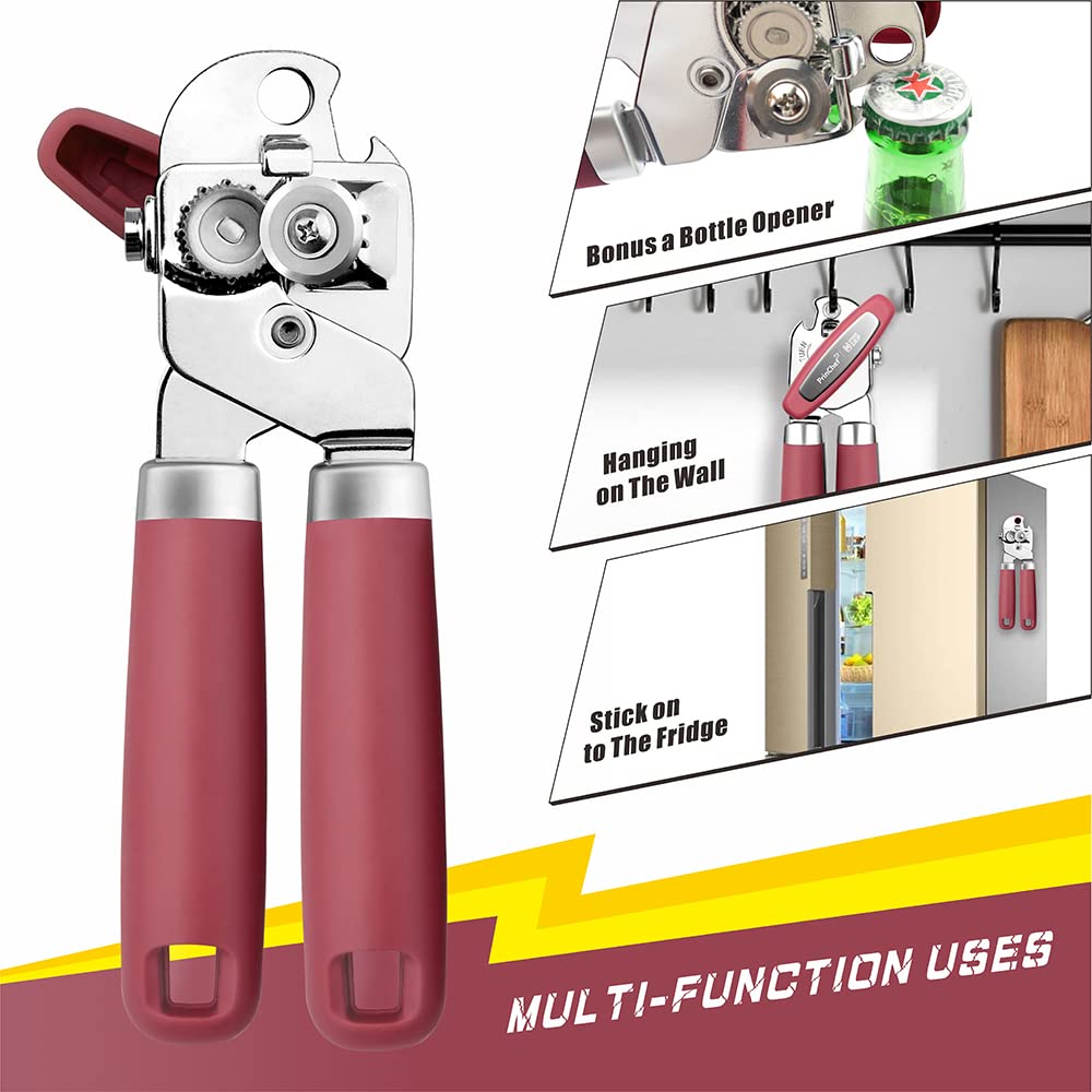PrinChef Can Opener Manual, Can Tin Bottle Opener with Magnet - No-Trouble-Lid-Lift, Handheld Can Opener Smooth Edge with Sharp Blade, Heavy Duty and Easy to Use, for Seniors with Arthritis, Red