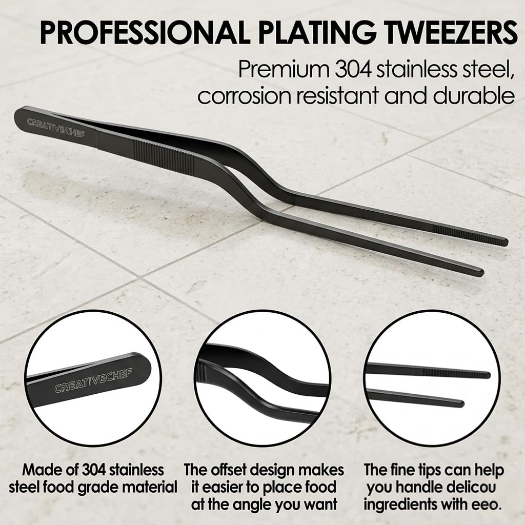 CREATIVECHEF 8 Inch Curved Stainless Steel Precision Kitchen Cooking Multi-function Tweezers Culinary Offset Tweezer Tongs (Curved, Blue)