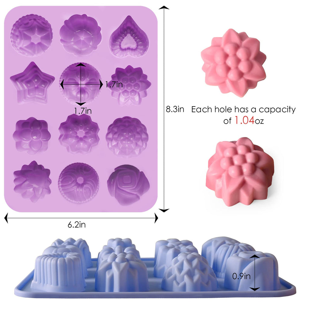 Sakolla 3 Pack Flower Molds Silicone, 12 Cavities Different Shapes Silicone Molds for Chocolate, Cupcake, Candy, Jelly, Ice Cube, Muffin (Pink, Purple, Blue)