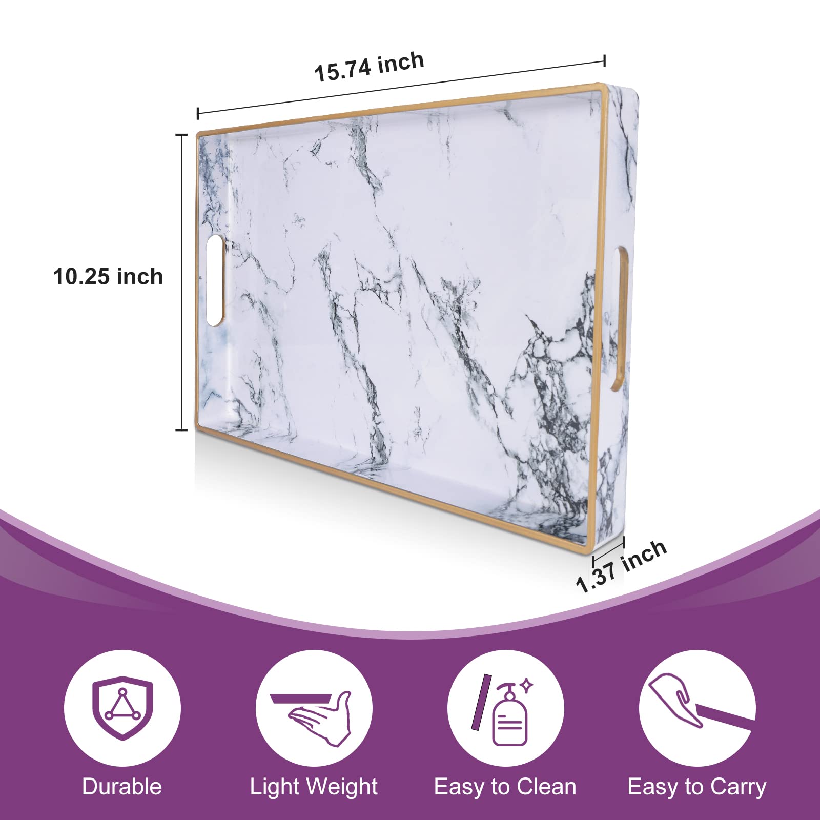 Gifturbo White Serving Tray, Marble Serving Trays with Handles,Rectangular Coffee Table Ottoman Tray Decorative Plastic Tray with Gold Rim for Living Room, Bathroom,Decor,15.7 x 10.2 x1.37 inches