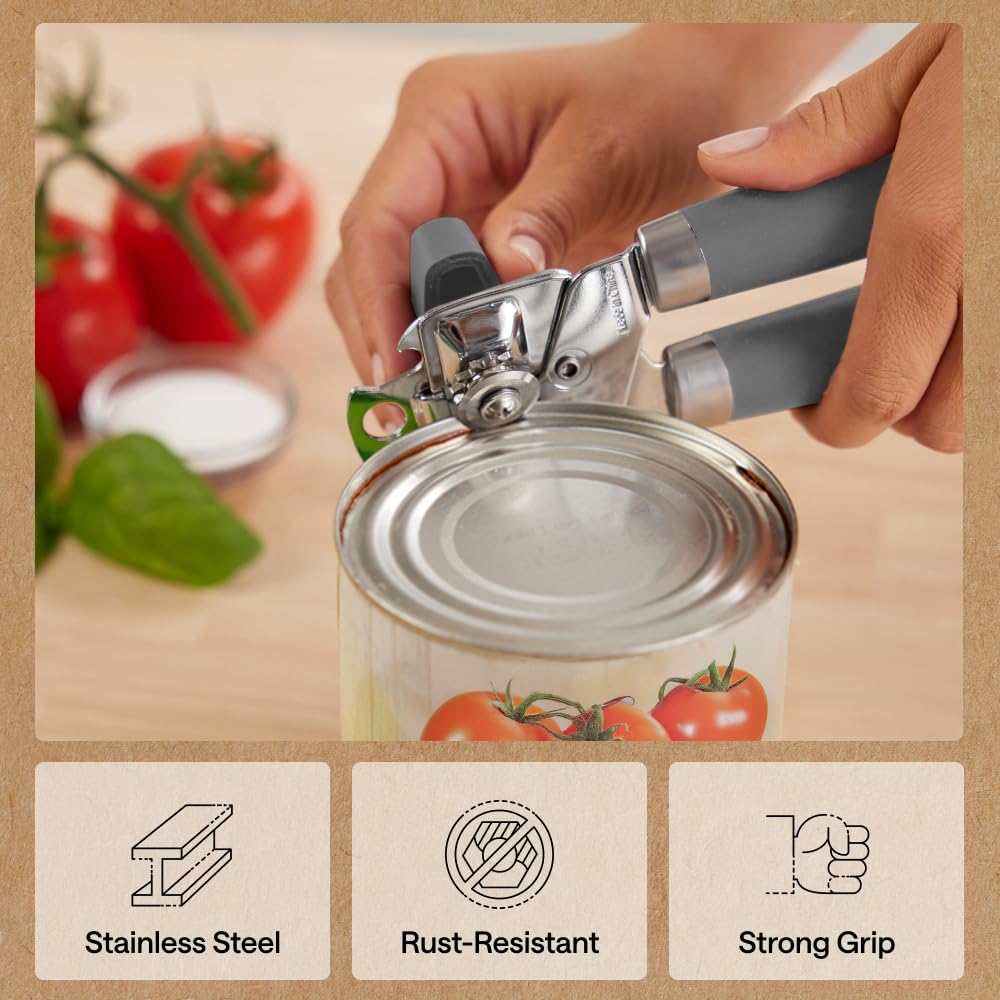 GORILLA GRIP Original Model Stainless Steel Smooth Edge Manual Can Opener and Bottle Openers, US Designed, Comfortable Handle, Oversized Handheld Turn Knob, Multifunctional Kitchen Tool, Gray