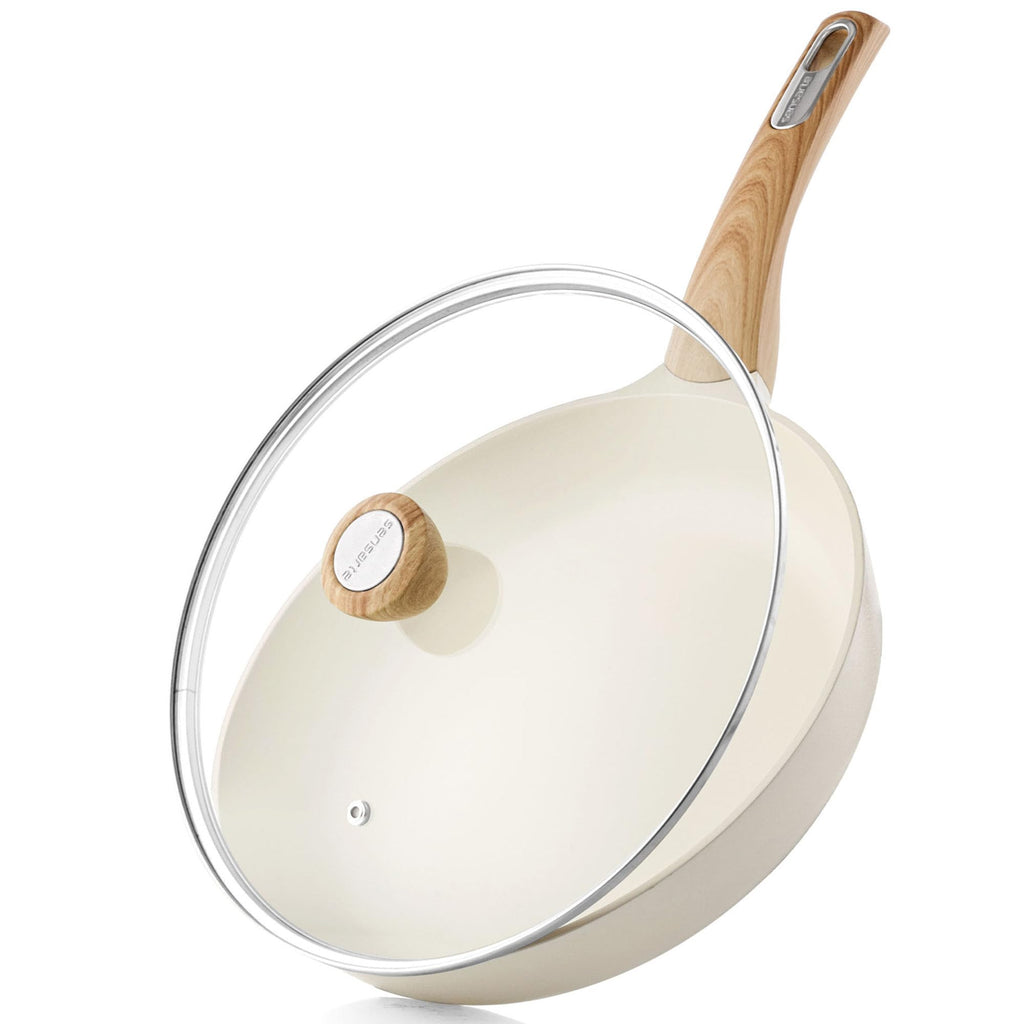 SENSARTE 9.5inch Ceramic Nonstick Frying Pan Paella Pan with Lid, Taupe