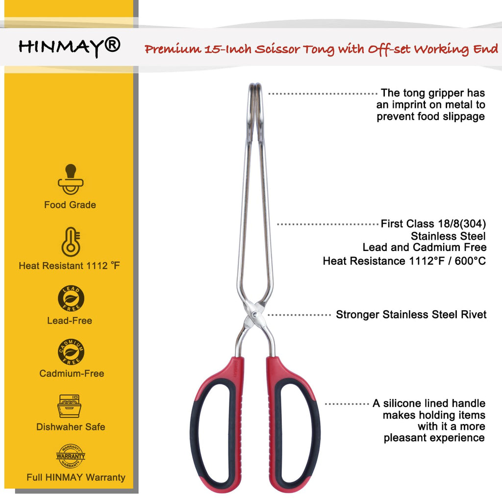 HINMAY Extra Long Scissor Tongs 15" Stainless Steel Barbecue Grilling Tongs