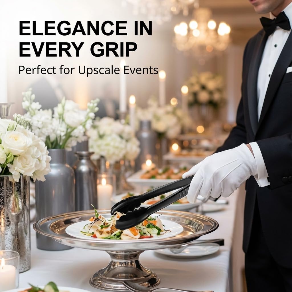 Plastic Tongs for Serving (Pack of 12) 9 Inch - Heavy-Duty Hard Plastic Reusable or Disposable Serving Tongs for Catering, Dinner Parties, Banquets, Buffets, Events, Weddings and Everyday Use, Black