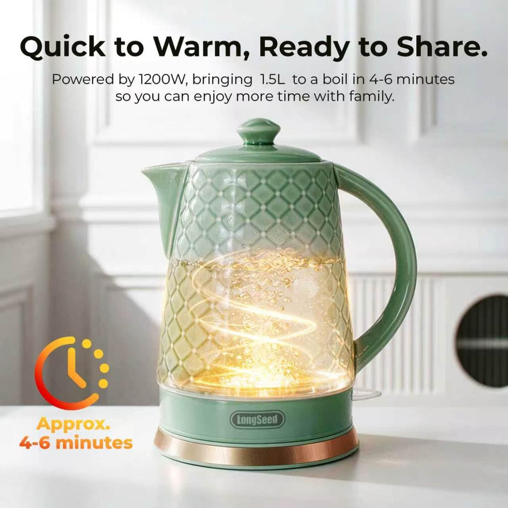 LONGSEED 1.5L Ceramic Electric Kettle, 1200W Fast Boil Retro Tea Pot with LED Light, BPA-Free Porcelain Cordless Water Boiler, Auto Shut-Off & Boil-Dry Protection, Green Relief Carving