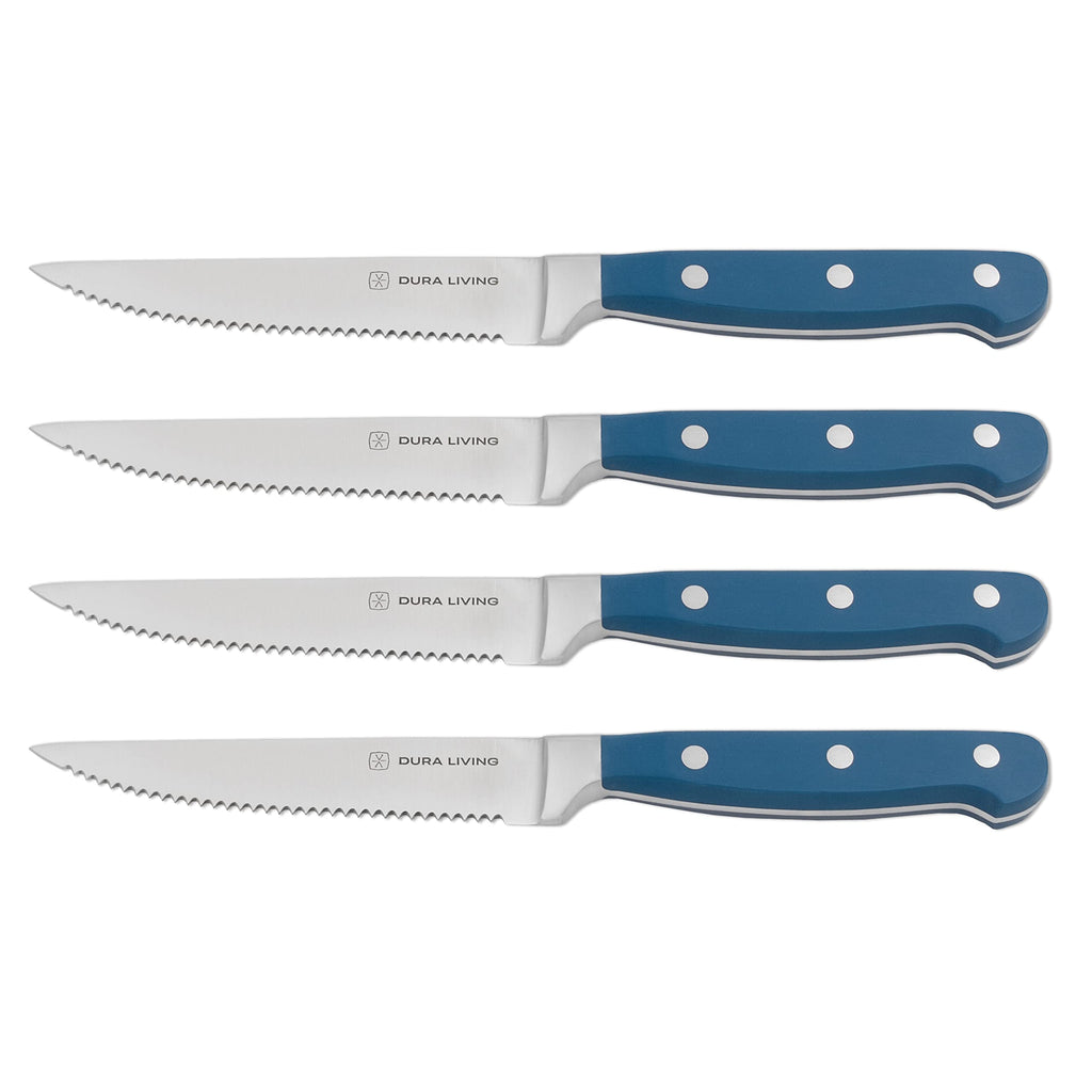 DURA LIVING Premium 4-Piece Steak Knife Set – Sharp Serrated Blades, Forged High Carbon Stainless Steel, Full Tang, Ergonomic Handle, Black – Perfect for Dining