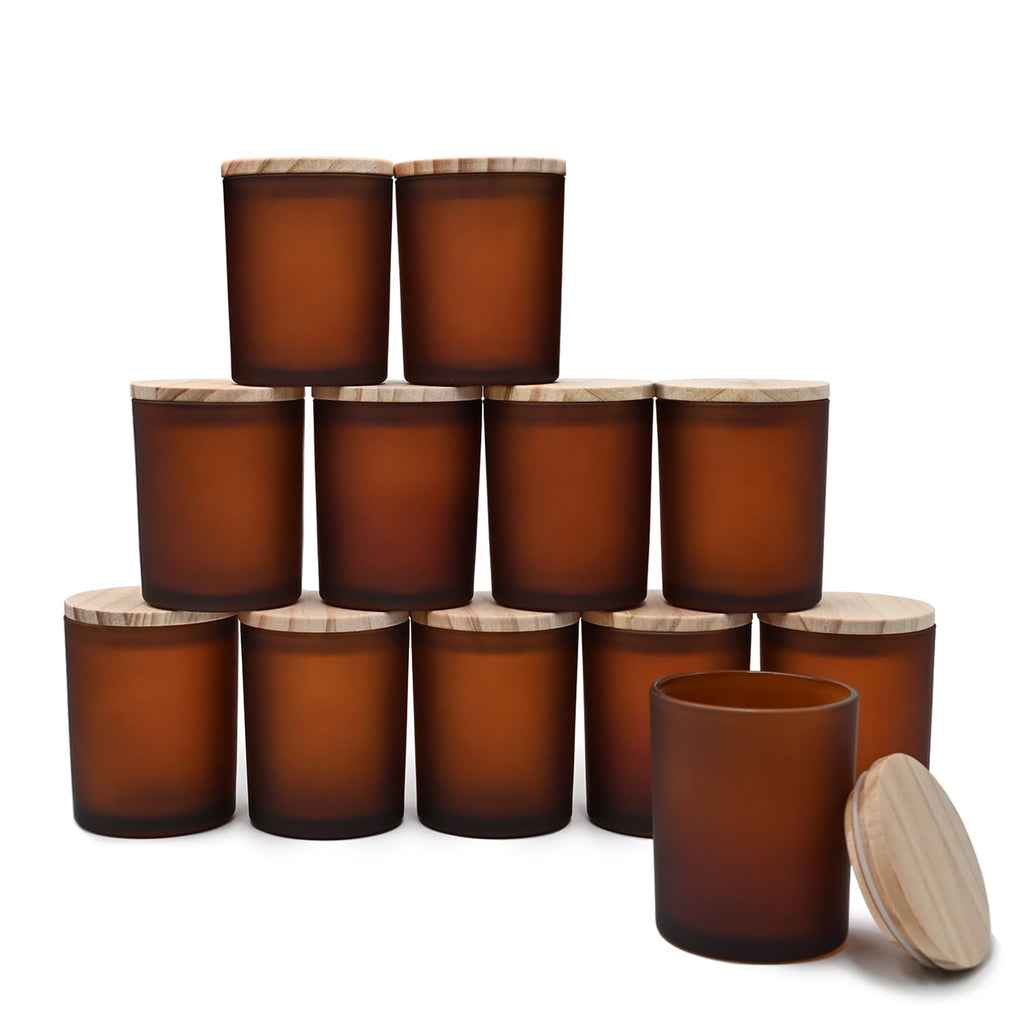 SHOWIN Thick Candle Jars for Making Candles 12 Pcs, 7 OZ Empty Jars with Wood Lids for Candle Making, Sample Container, Clear