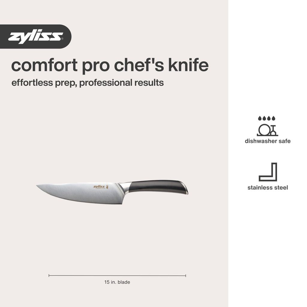 Zyliss Comfort Pro Chef's Knife - Ice Hardened Stainless Steel Kitchen Knife - Tarnish-Free and Rust-Resistant Kitchen Cutlery - Black/Stainless Steel - 8 inches