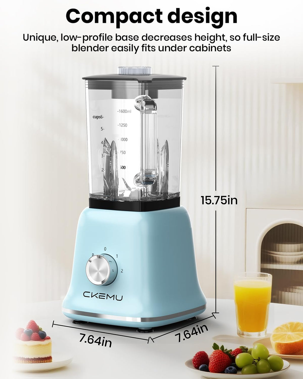 CKEMU Professional Blender For Smoothies, 58 Oz Glass Jar, Glass Blender Including Puree & Crush Ice Functions, 750 Watts, B02 (Blue)