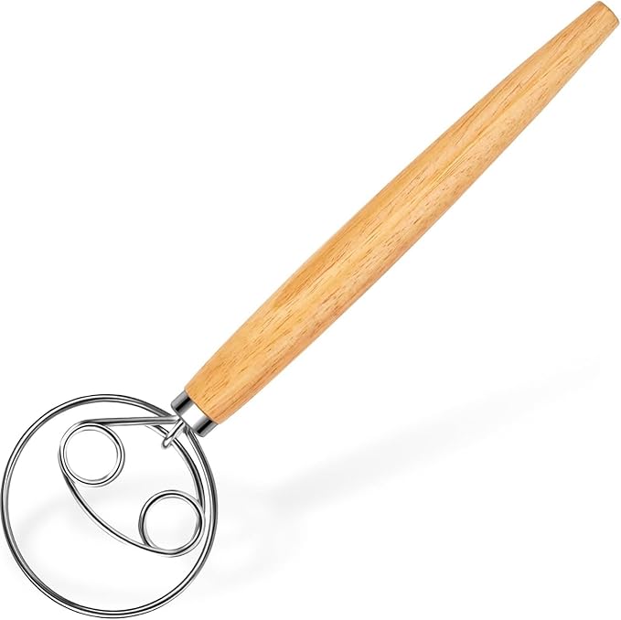 YIGEDA Danish Dough Whisk, Stainless Steel Wood Handle for Sourdough Bread