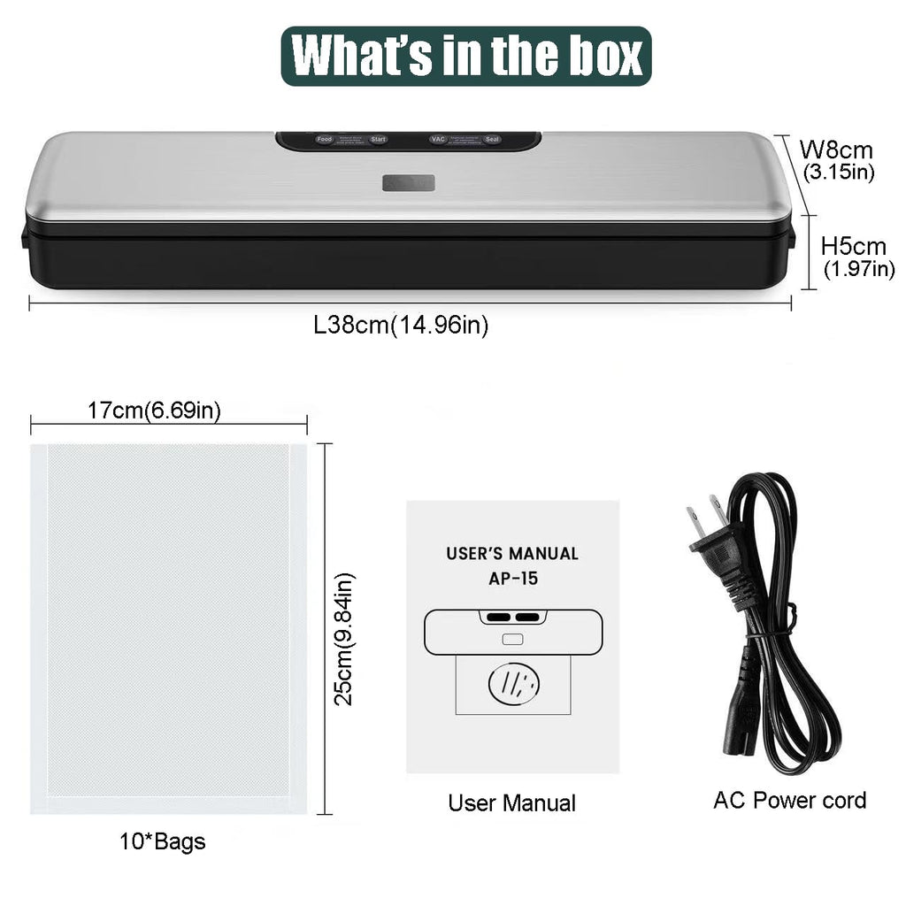 Compact Food Saver Vacuum Sealer Machine 100 Times Consecutive Works | 5mm Sealing Wire | 5 Food Modes | Portable Dry&Moist Multi-Functional Storage with 10 Vacuum Seal Bags