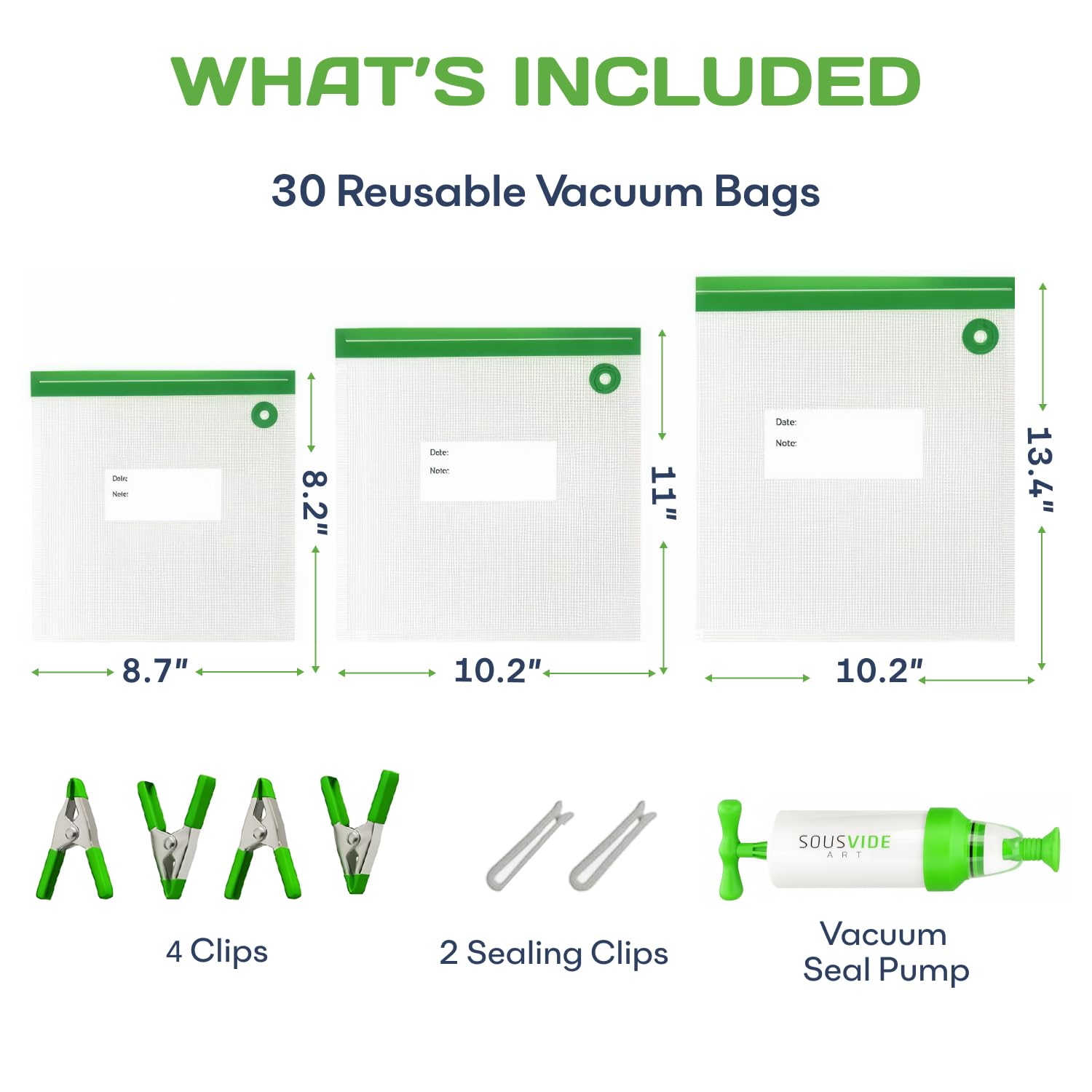 SOUSVIDE ART 37pcs Reusable Vacuum Seal Bags with Vacuum Sealer - 30 Cooking and Storage Bags of 3 Sizes with Pump and Sous Vide Cooker Accessories - Food Safe Kit, Keeps Food Fresh