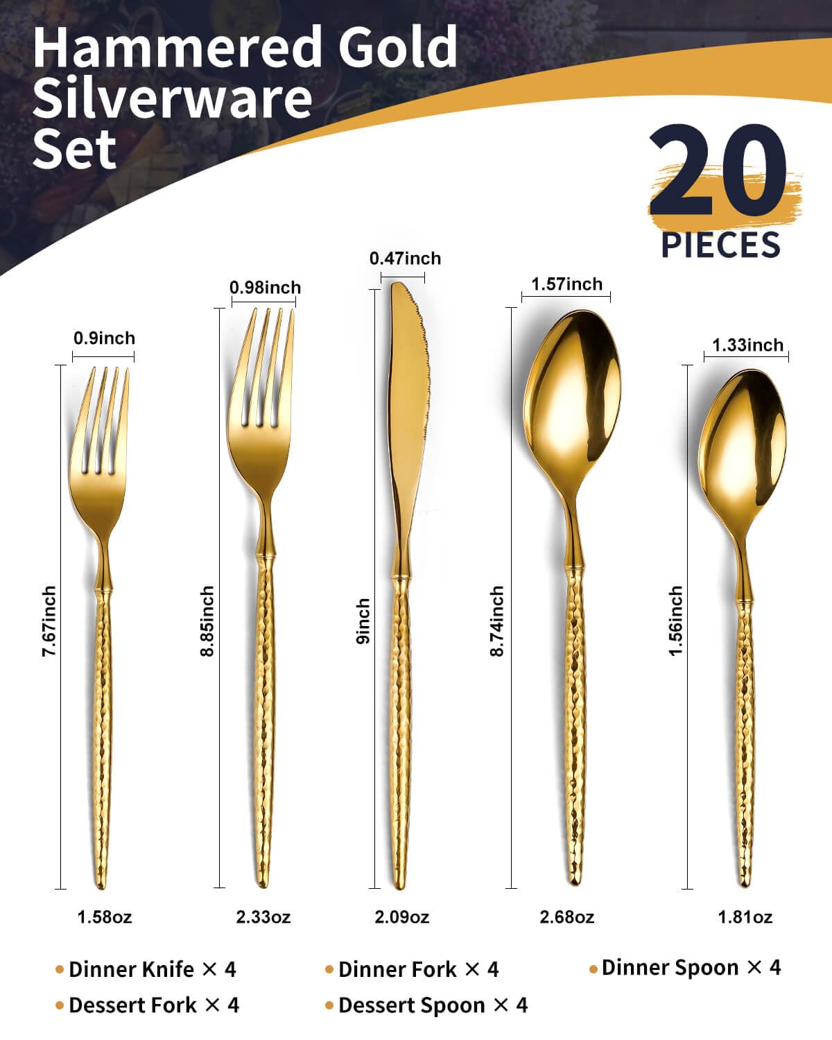 Lemeya 20-Piece Hammered Gold Silverware Set,18/10 Stainless Steel Forging Heavy Duty Cutlery Set for 4, Luxury Unique Flatware Set,Spoons and Forks Set,Mirror Polished,Dishwasher Safe