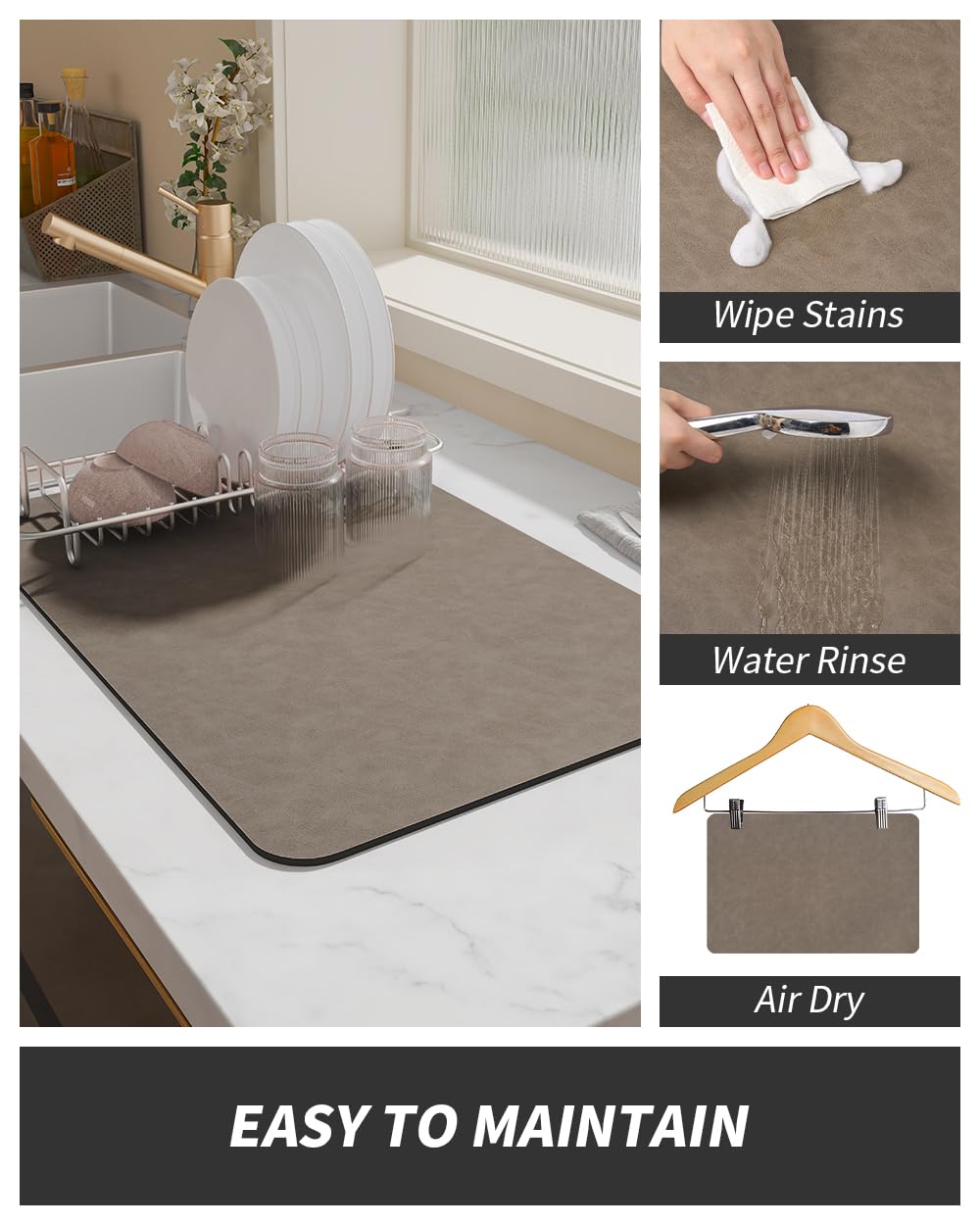 AMOAMI Coffee Mat Hide Stain Rubber Backed Absorbent Dish Drying Mat for Kitchen Counter - Fits Under Coffee Maker or Machine