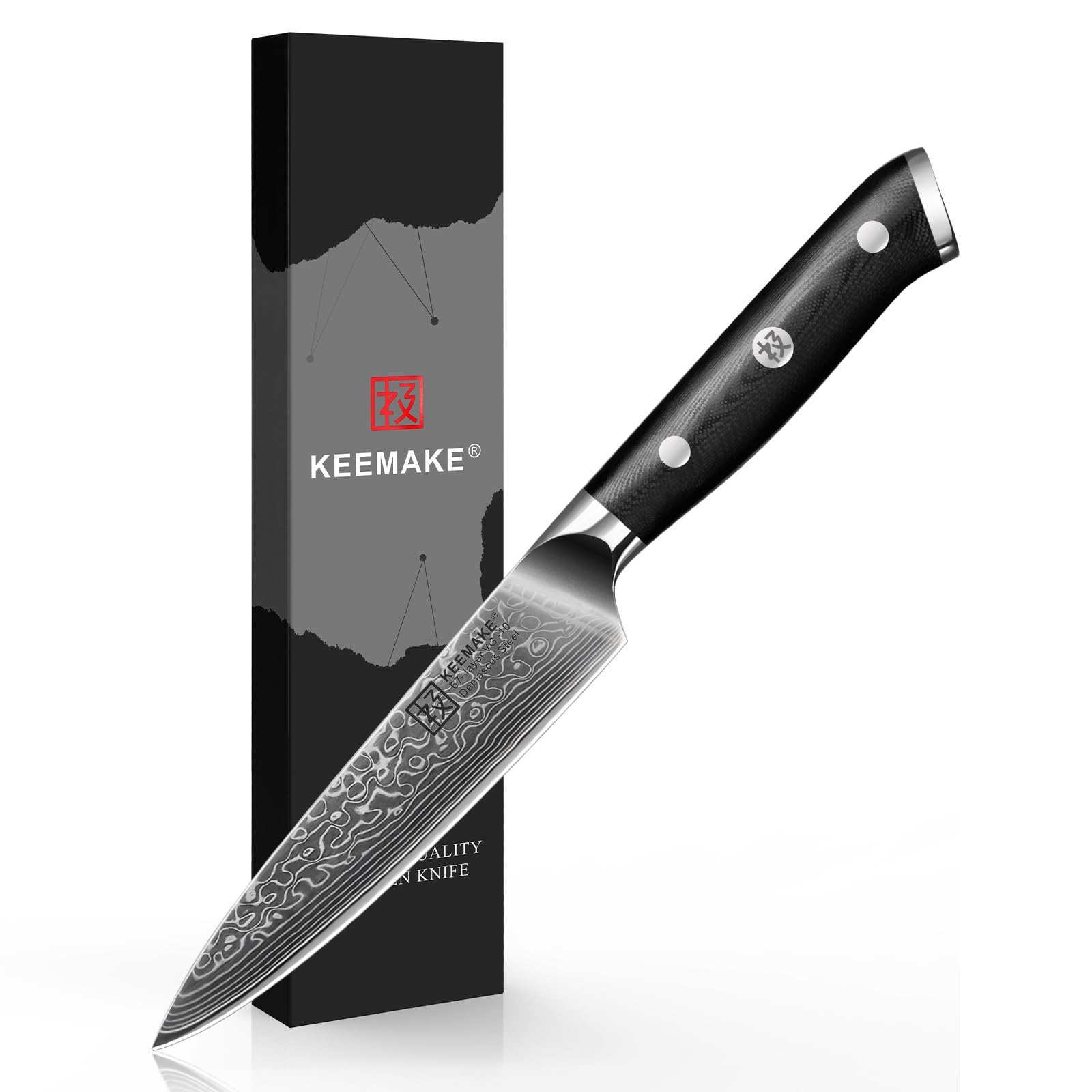 KEEMAKE Paring Knife, 5 Inch 67-Layer Damascus Steel Fruit Knife with Ergonomic G10 Handle, Multipurpose Kitchen Knife for Fruit and Vegetable Cutting