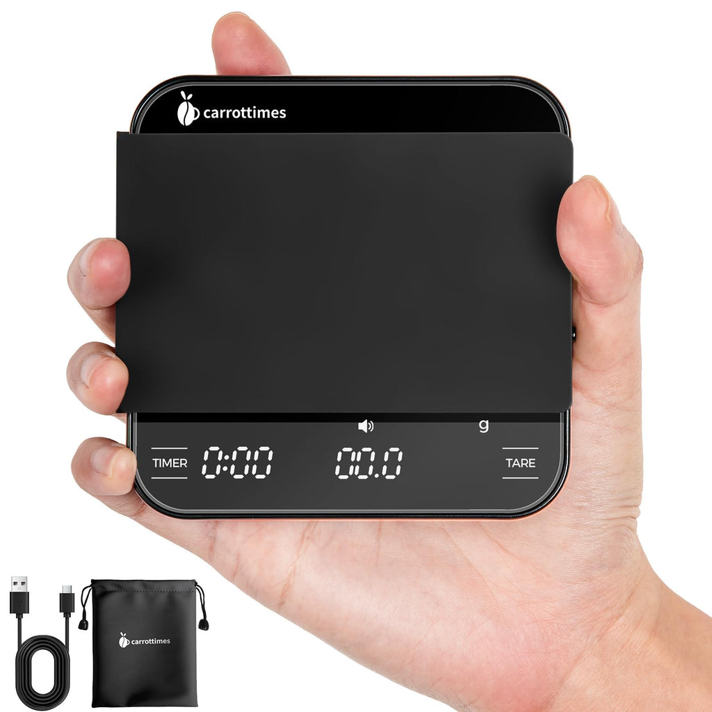 carrottimes Rechargeable Mini Coffee Scale with Timer, 2kg/0.1g Precision Espresso Scale, Portable Digital Coffee Scale w/ 4 Modes for Espresso and Pour-Over Coffee (Black)