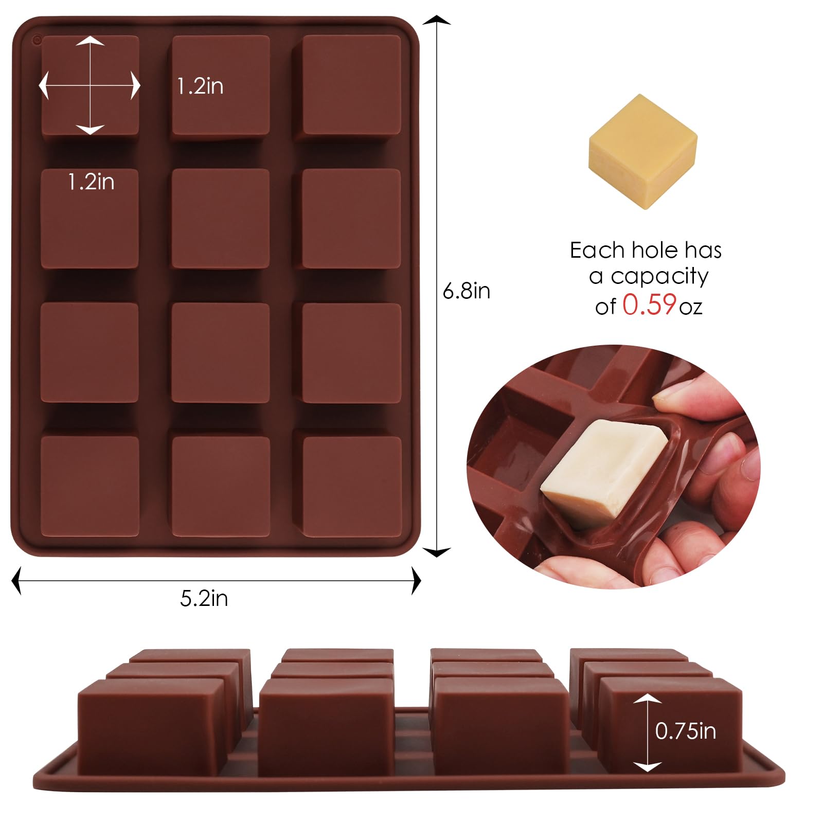 Wax Melts Molds Silicone, 3 Pcs 12-Cavities Square Silicone Mold for Scented Wax Melts, Chocolate Truffles, Candy, Jelly, Ice Cube Tray