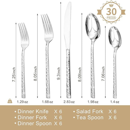 30 Piece Hammered Silverware Set, 18/10 Stainless Steel Flatware Set for 6