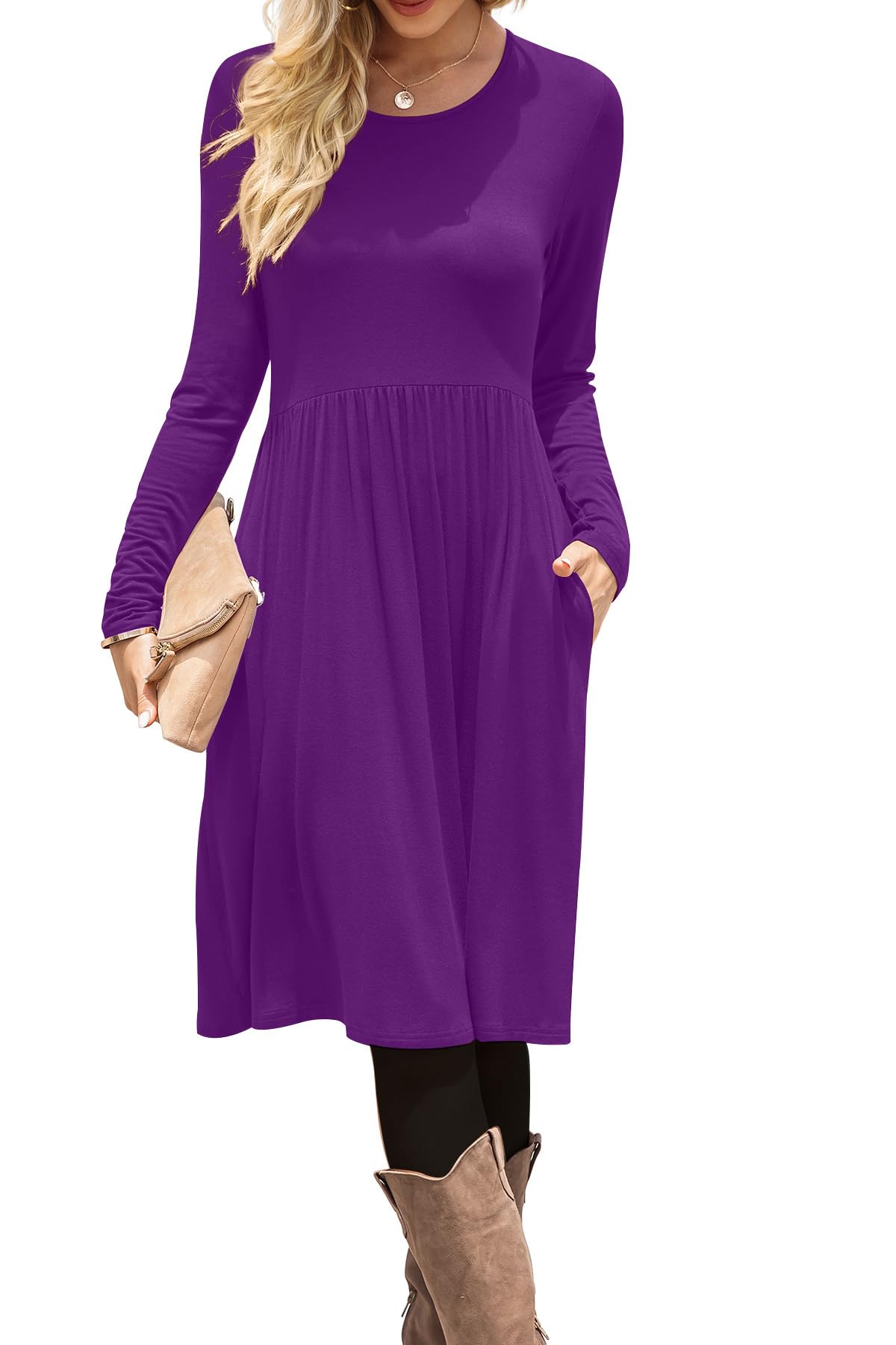 DB MOON Women Casual Long Sleeve Dresses Empire Waist Loose Dress with Pockets (Army Green, 2XL)