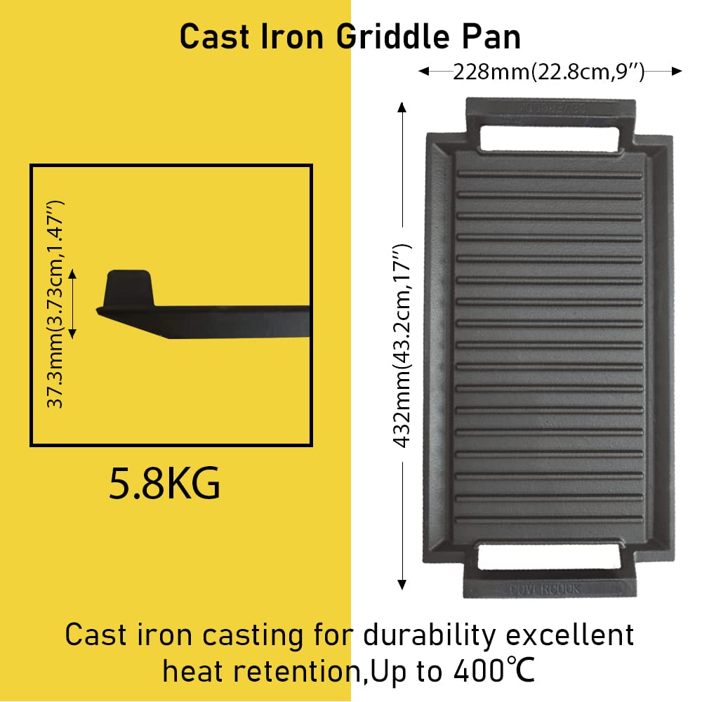 COVERCOOK Griddle Pan, Cast Iron Grill Hot Plate, Rectangular Grill, 2 handles with Ridged Surface for Induction Electric Cooktop，16 x 9inch