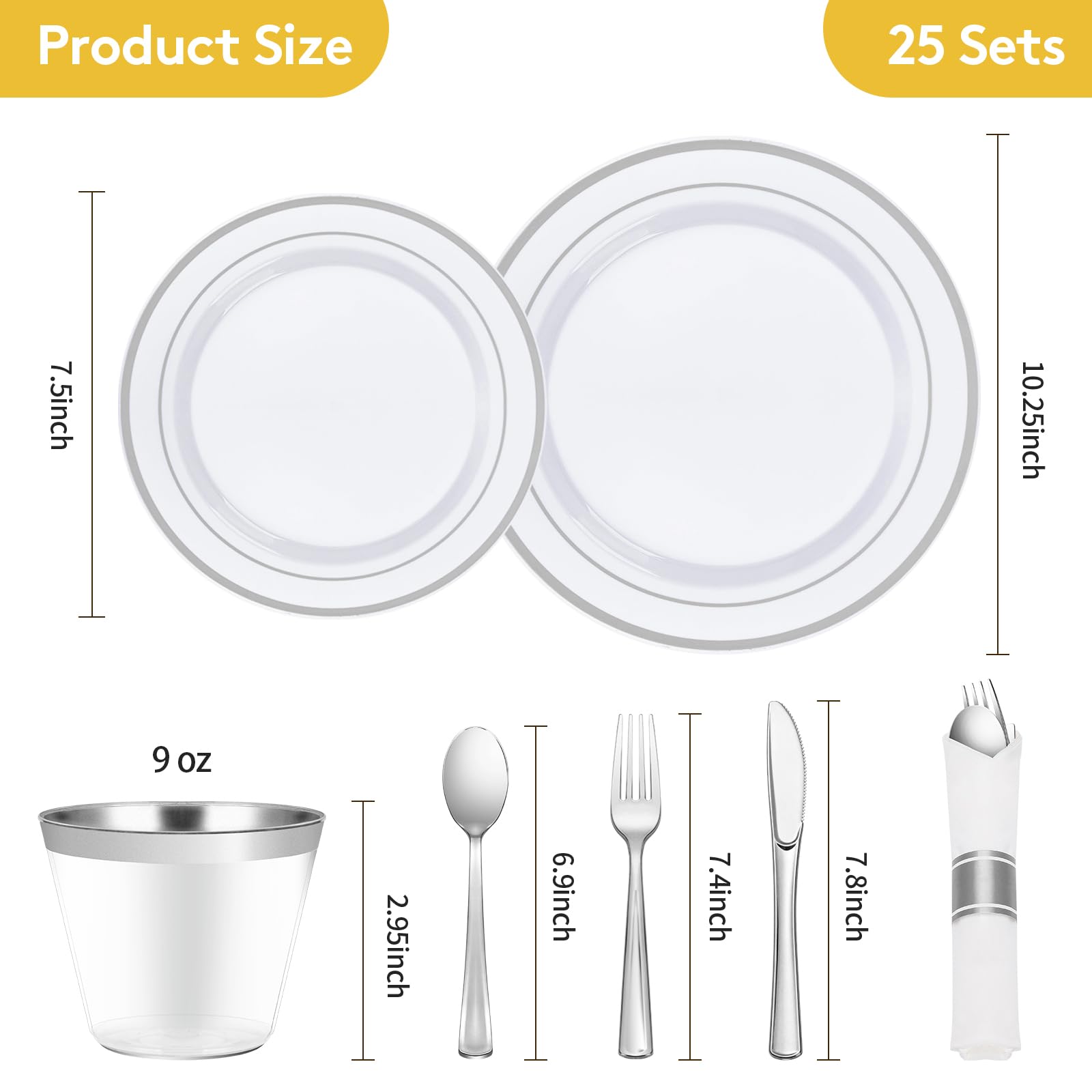 Goodluck 175 Piece Silver Plastic Dinnerware Set for 25 Guests, Fancy Disposable Plates for Party, Include: 25 Dinner Plates, 25 Dessert Plates, 25 Pre Rolled Napkins with Silver Silverware, 25 Cups