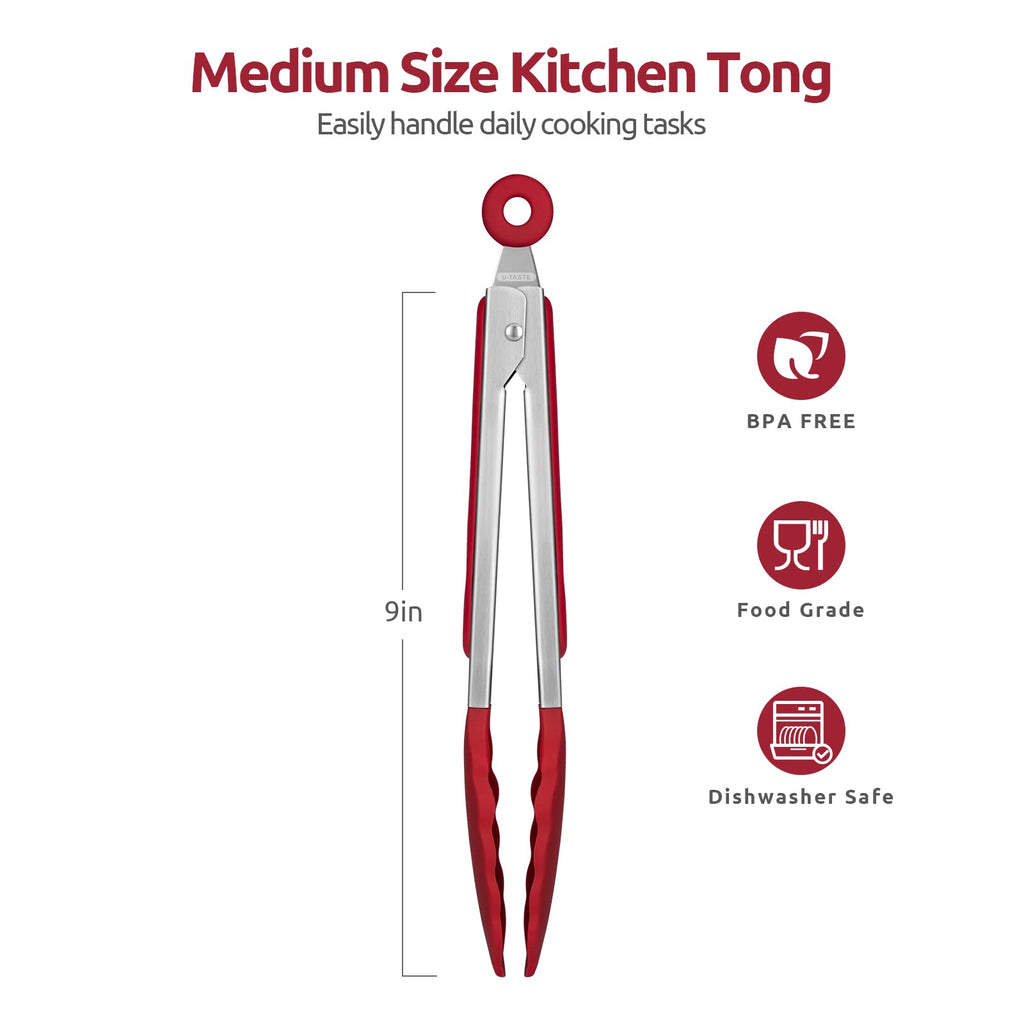 U-Taste Kitchen Tong for Cooking, 480ºF Heat-Resistant Silicone, 9in/Red