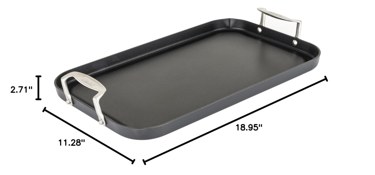 Viking Nonstick Double Burner Griddle, 19 x 11 Inch Hard Anodized Kitchen Grill Pan with Handles, Oven Safe, Works on Gas, Ceramic, and Electric Stove Top