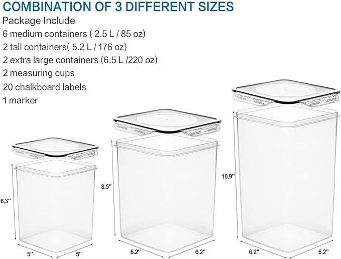 VERONES Large Tall Airtight Food Storage Containers, 10 PACK Plastic Airtight Kitchen & Pantry Organization, Ideal for Flour & Sugar Plastic Canisters with Labels