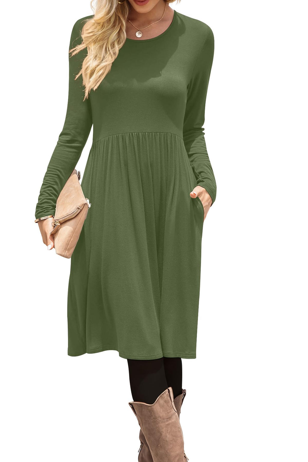 DB MOON Women Casual Long Sleeve Dresses Empire Waist Loose Dress with Pockets (Army Green, 3XL)