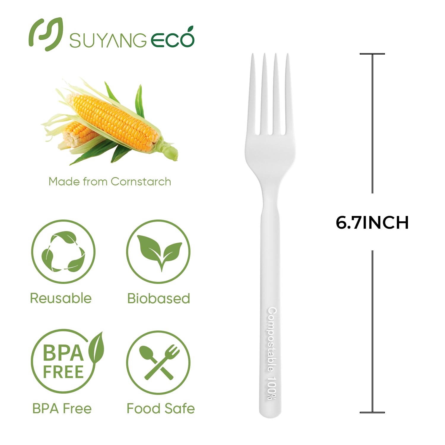 SUYANGECO Compostable Disposable Forks 100 Count Compostable Forks Bulk No Plastic Forks Heavy Duty Biodegradable Forks Eco Friendly for Lounge Party Wedding Picnic Camping