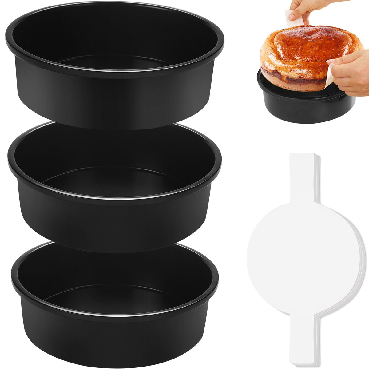 BakerChef 8 Inch Cake Pan Set of 3, Nonstick Round Cake Pans with 110 PCS Parchment Paper, Non-Toxic Carbon Steel Cake Baking Pans, Dishwasher Safe