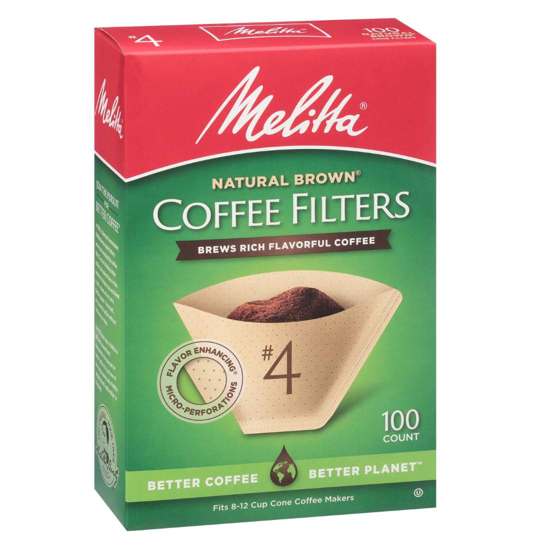 Melitta #4 Unbleached Coffee Filters, Premium, Natural Brown, Flavor Enhancing Coffee Filters for 8-12 Cup Coffee Makers, Kosher Certified, Compostable, 100 Count (Pack of 6)