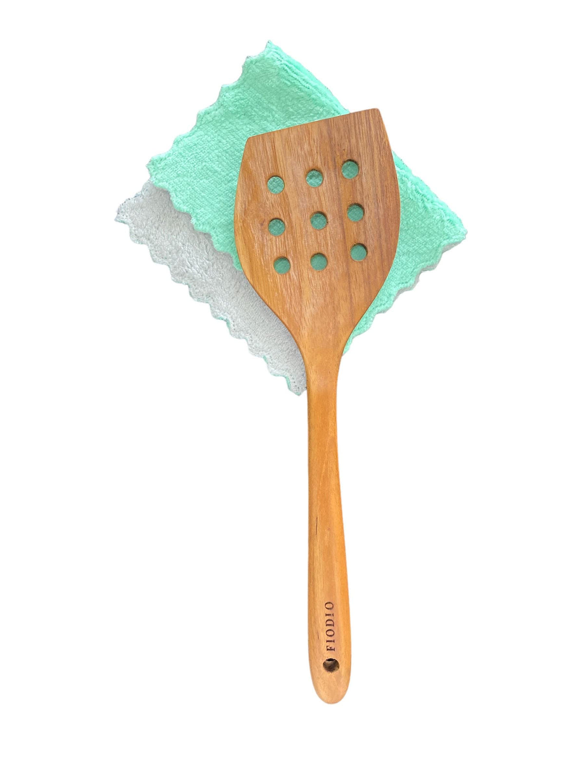 Fiodio Home Teak Wooden Spatula, Spoons & Slotted Turner for Cooking – Natural Non-Stick, Handcrafted Kitchen Utensils with Comfort Grip & Microfiber Cloth