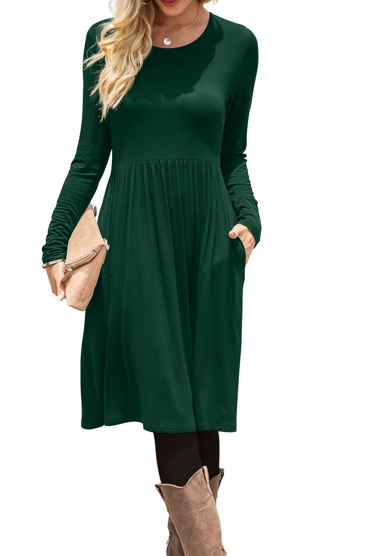 DB MOON 2026 Women Casual Long Sleeve Fall Dresses Empire Waist Knee Length Loose Dress with Pockets (Red Plaid, S)