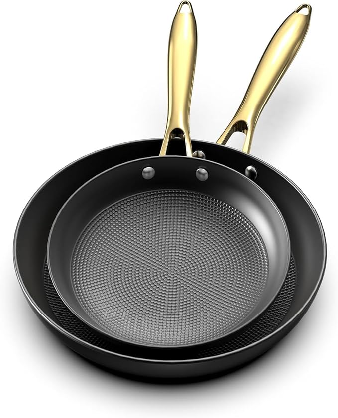 imarku Cast Iron Skillets, 8 & 12 Inch Non Stick Frying Pans with Honeycomb Texture, Oven & Dishwasher Safe Pan, Gold Stay-Cool Handle, Ideal Gift for women