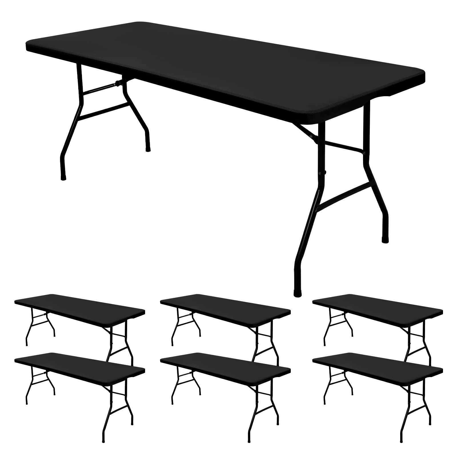 6 Pack Stretch Fabric Table Top Cap Cover, fits 8' Tables, Spandex Table Covers Washable Elastic Universal Rectangle Tablecloth Protector for Indoor Outdoor Party Picnic Wedding, Black, 30" W x 96" L