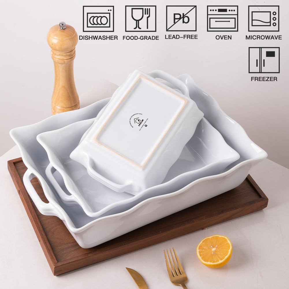 Sweejar Casserole Dishes for Oven, Ceramic Bakeware Set of 3, Rectangular Baking dish with Handles, Wave Edge Lasagna Pan Deep for Cooking, Cake, Dinner, Banquet and Daily Use (White)