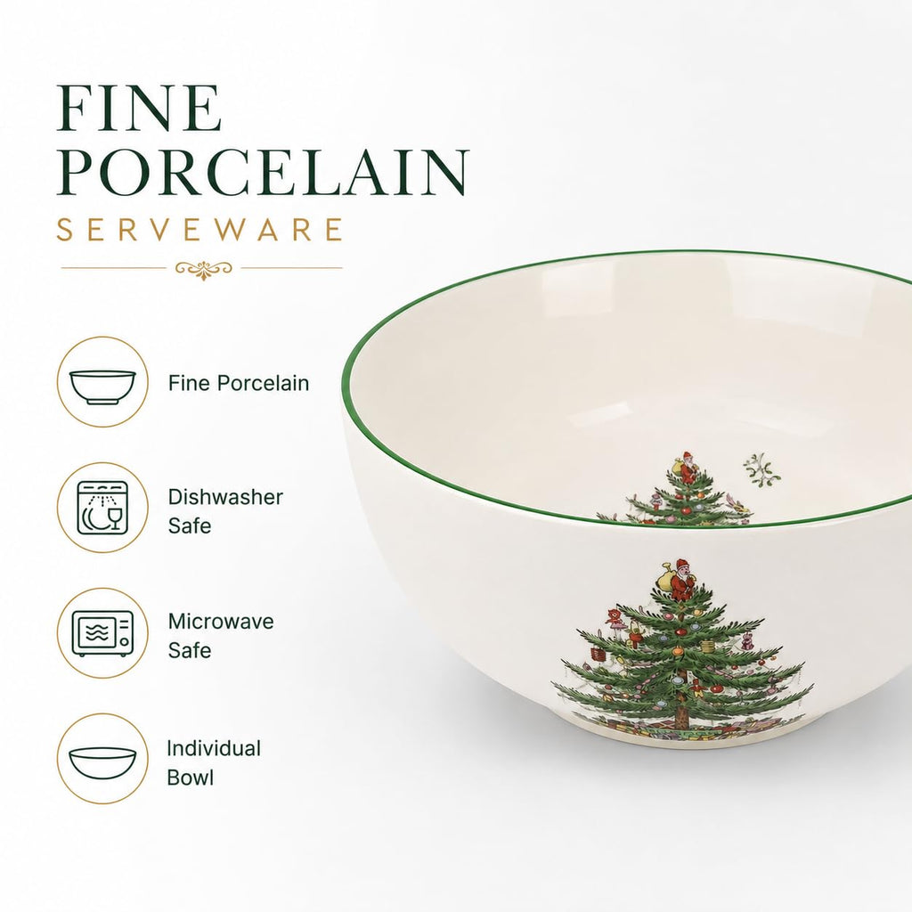 Spode Christmas Tree Large Round 10 Inch Bowl - Porcelain Serving Dish for Salad, Pasta, and Side Dishes - Iconic Holiday Design with Green Trim, Dishwasher, Microwave Safe - Festive Gatherings