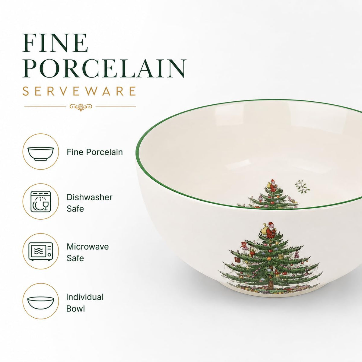 Spode Christmas Tree Large Round 10 Inch Bowl - Porcelain Serving Dish for Salad, Pasta, and Side Dishes - Iconic Holiday Design with Green Trim, Dishwasher, Microwave Safe - Festive Gatherings