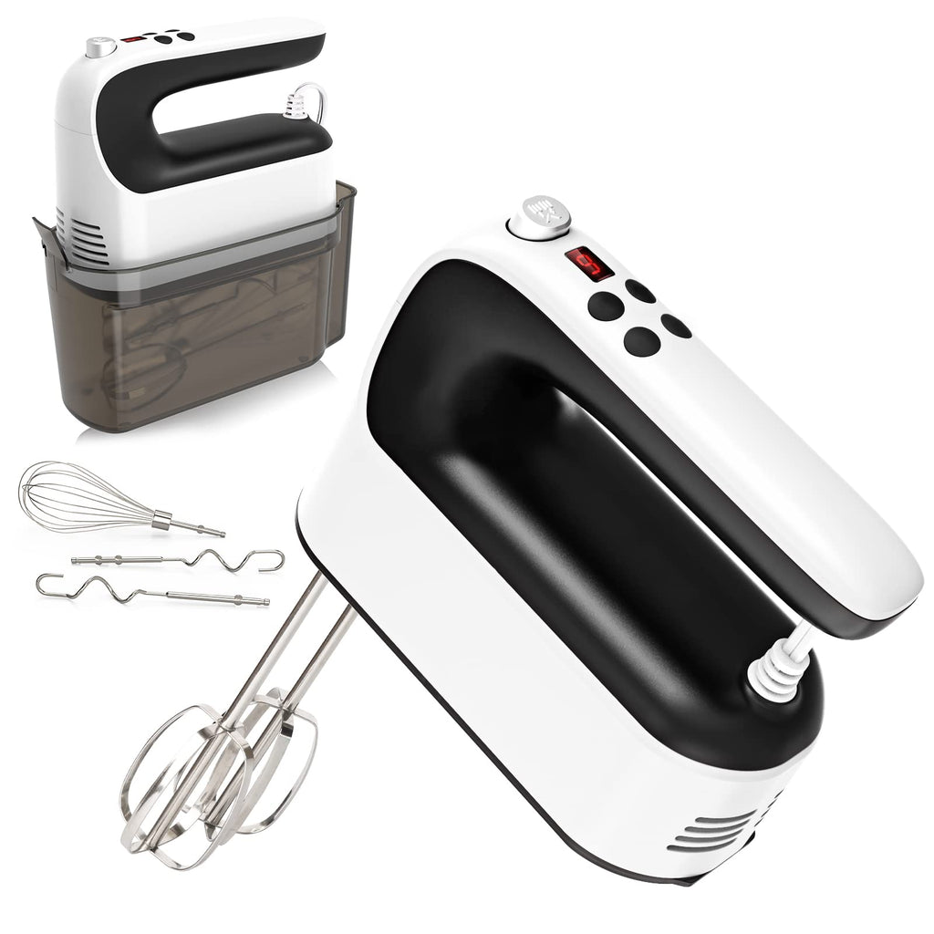 Yomelo 9-Speed Digital Hand Mixer Electric, 400W Powerful DC Motor, Hand Mixer Electric Handheld with Snap-On Storage Case, 5 Stainless Steel Accessories, Beaters, Dough Hooks, Whisk(White/Black)