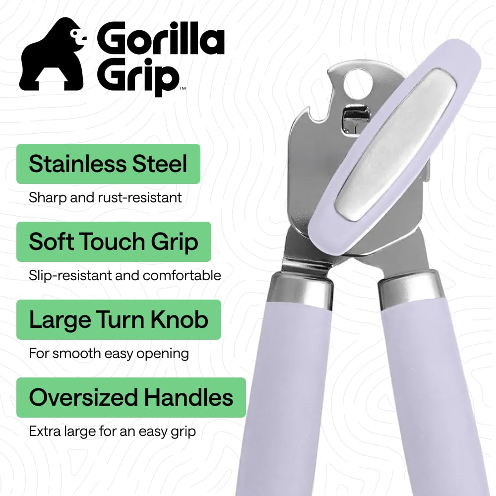 GORILLA GRIP Original Model Stainless Steel Smooth Edge Manual Can Opener and Bottle Openers, US Designed, Comfortable Handle, Oversized Handheld Turn Knob, Multifunctional Kitchen Tool, Lavender