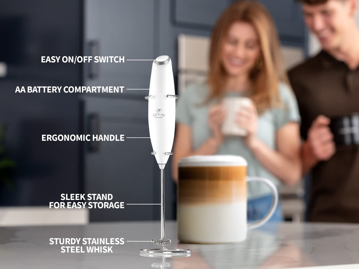 Zulay Premium Gift Milk Frother Set – Handheld Coffee Frother with Stand, 12oz/350ml Frothing Pitcher + 4 Latte Art Stencils – 13,000 RPM Motor, SS Whisk, Battery Operated – Barista Kit (White)