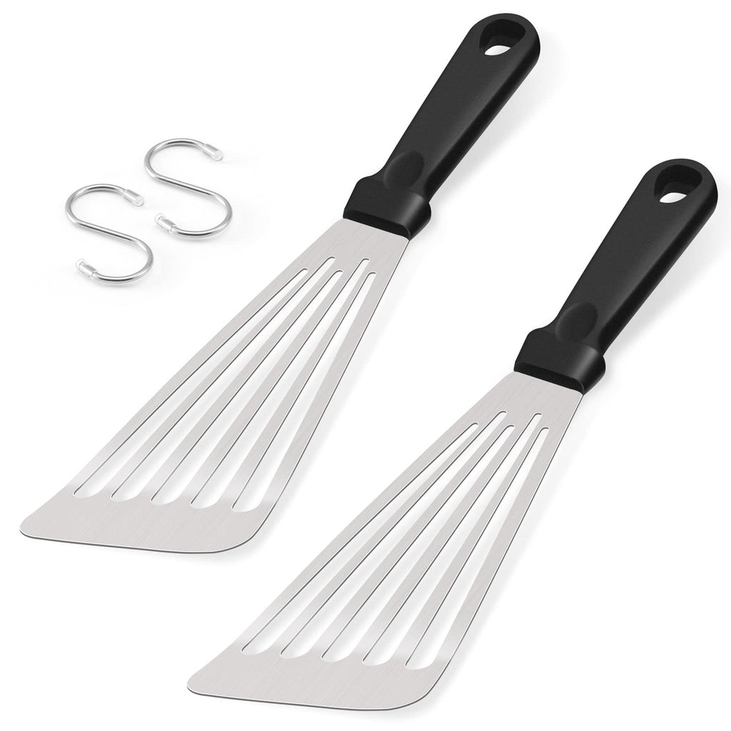 Fish Spatula Set of 2, HaSteeL Stainless Steel Slotted Spatula Turner with Riveted Wooden Handle, Professional Metal Spatulas Great for Kitchen Cooking Flipping Frying & Grilling, 2 x Hooks