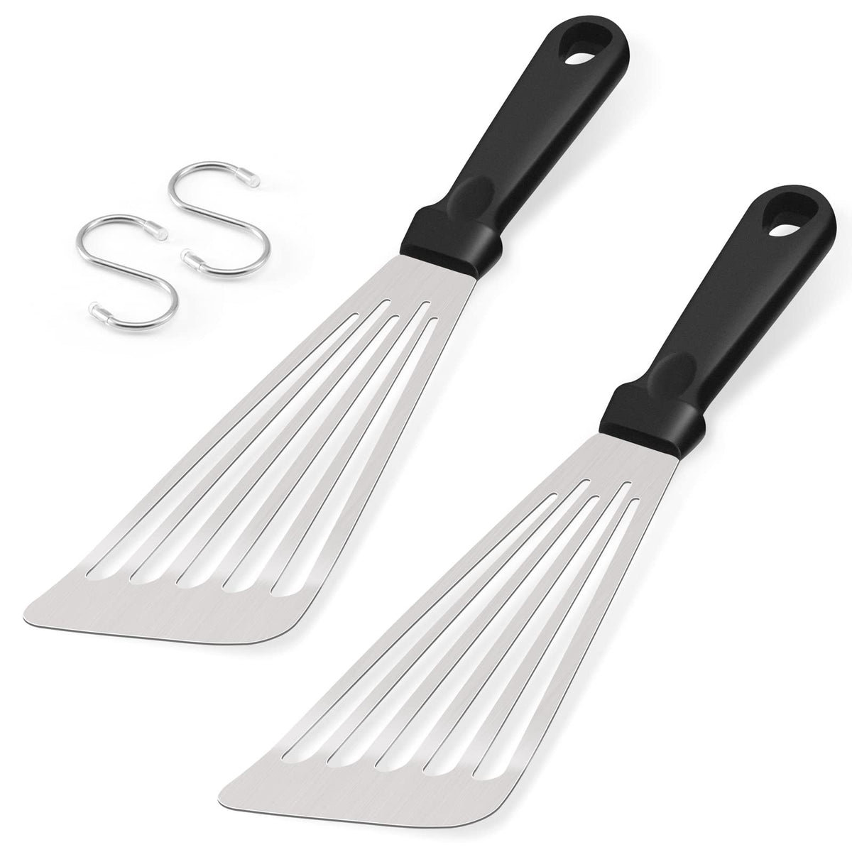 Fish Spatula Set of 2, HaSteeL Stainless Steel Slotted Spatula Turner with Riveted Wooden Handle, Professional Metal Spatulas Great for Kitchen Cooking Flipping Frying & Grilling, 2 x Hooks