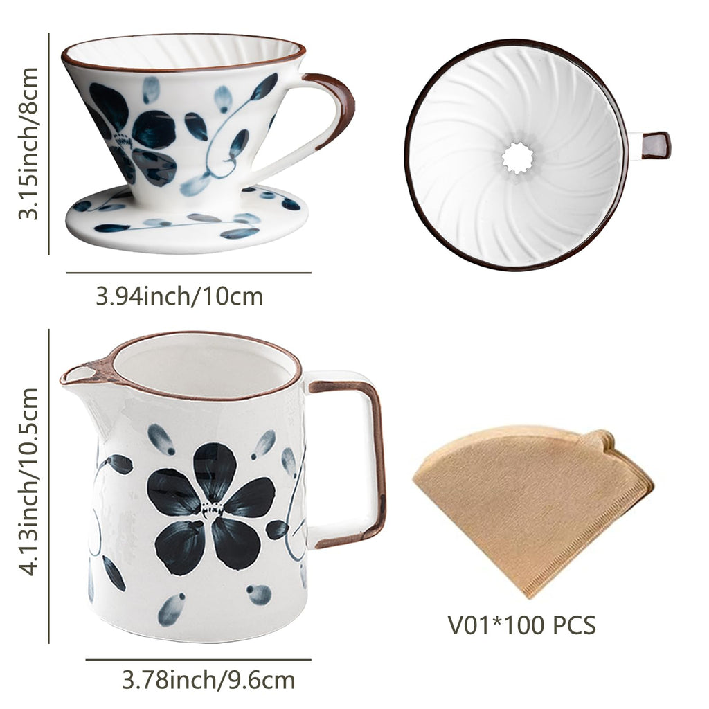 DYUEXI Ceramic Pour Over Coffee Maker Set, Ceramic Coffee Dripper with Single Hole, Coffee Pot & 100 Paper Filters for Home, Travel, Camping (1-2 Cup)